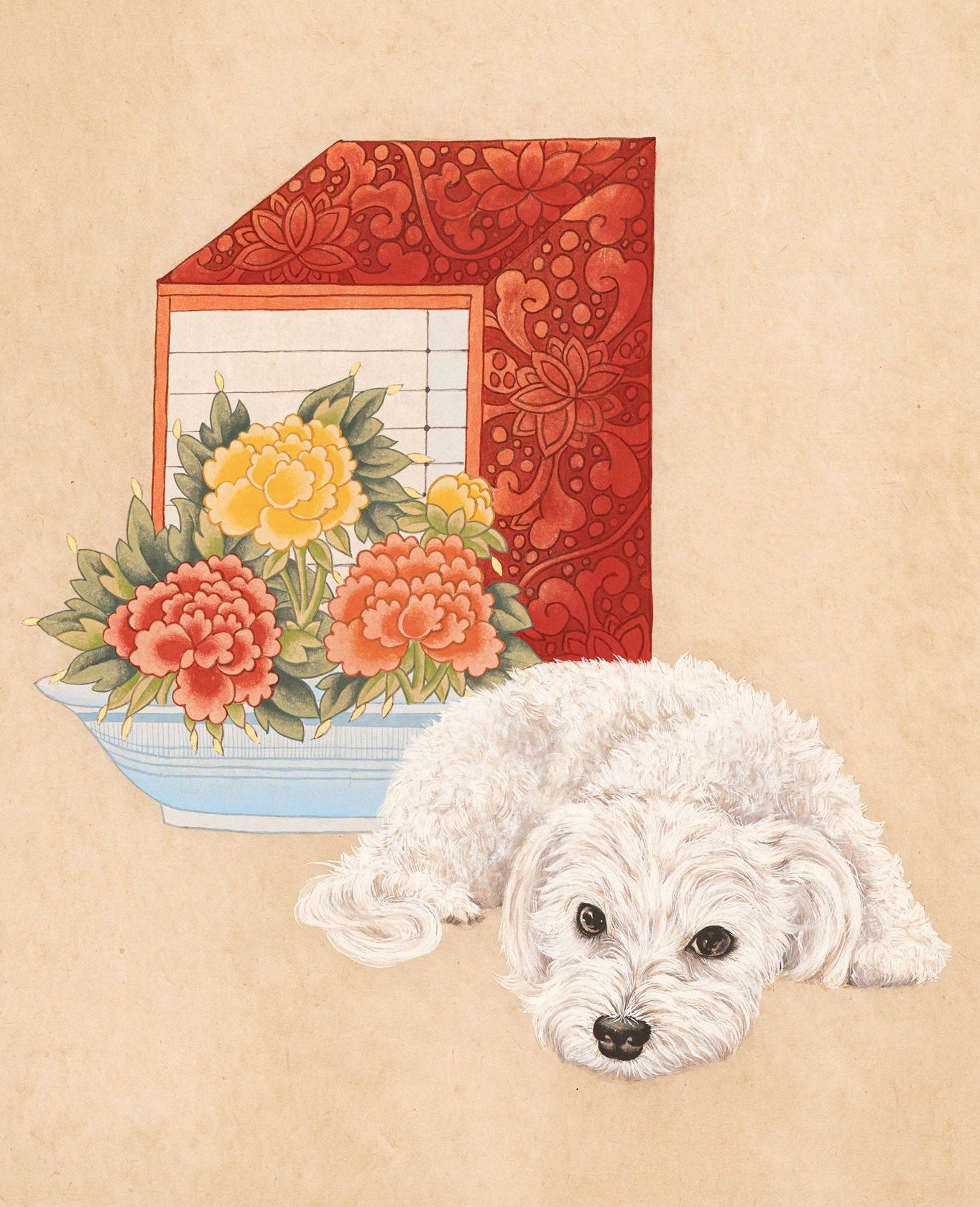 Resting Under Peonies – Maltese in Minhwa Style