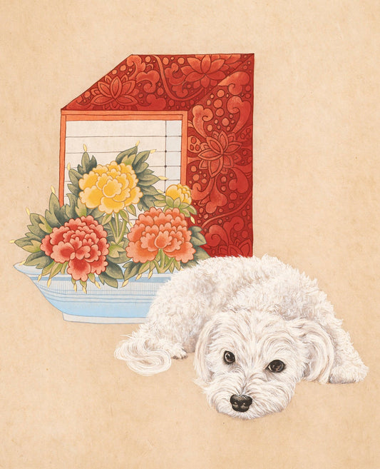 Resting Under Peonies – Maltese in Minhwa Style Print
